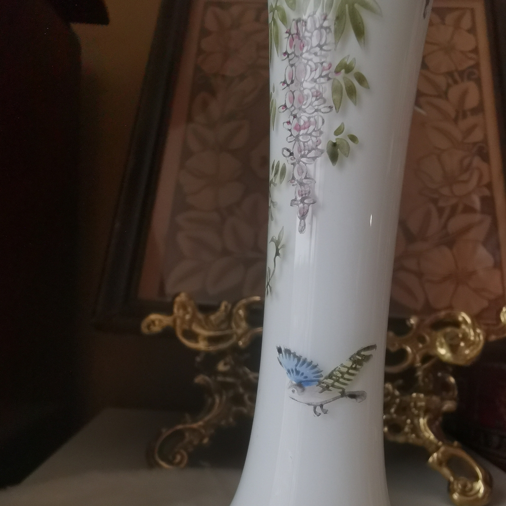 White Frosted Glass Bud Vase with Gold Trim Hand Painted Floral & Bird Motif - Picture 6 of 10